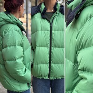 Green puffer winter jacket waterproof coat removable hood